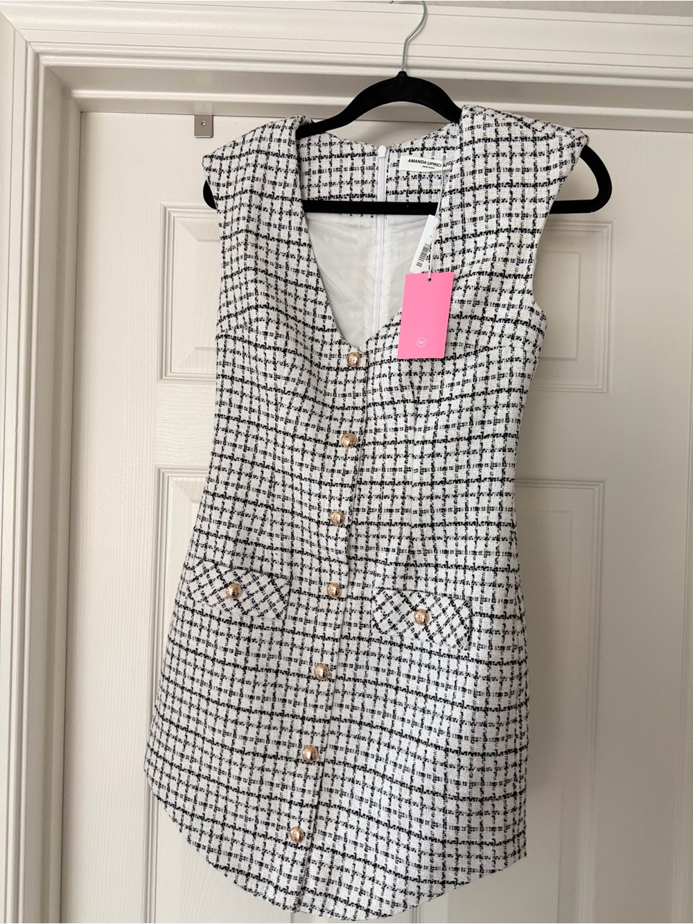 White and Black Tweed Button-Front Women's Dress
